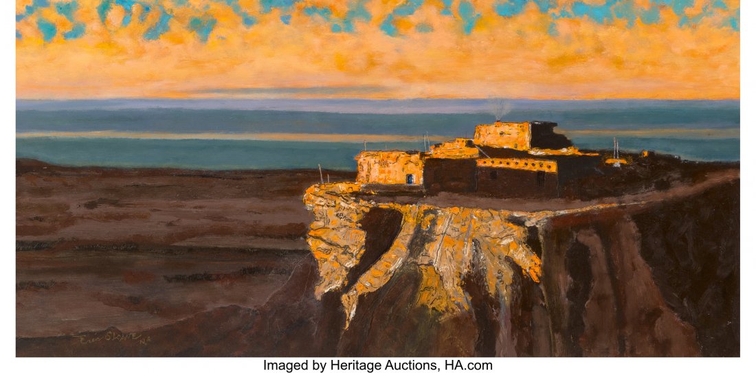Eric Sloane (American, 1905-1985) Sunrise at Wal: Eric Sloane (American, 1905-1985) Sunrise at Walpi, 1980 Oil on board 15 x 30 inches (38.1 x 76.2 cm) Signed lower left: Eric Sloane / NA PROVENANCE: The artist; Estate of the above; Acquired by the p