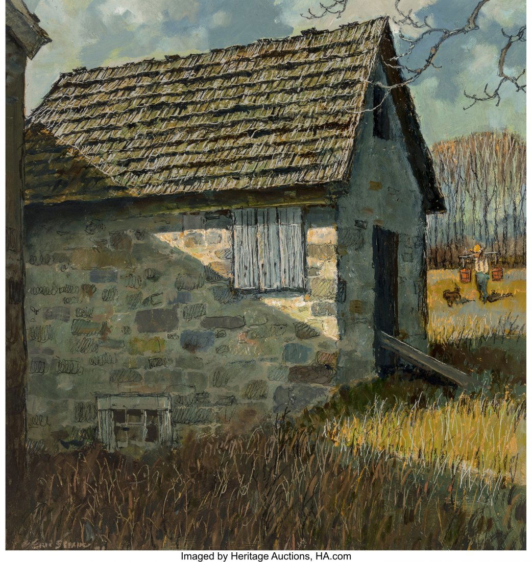 Eric Sloane (American, 1905-1985) Spring House O: Eric Sloane (American, 1905-1985) Spring House Oil on Masonite 17-1/2 x 16-1/2 inches (44.5 x 41.9 cm) Signed lower left: Eric Sloane Signed and titled on the reverse: Spring House / Eric Sloane PROVE