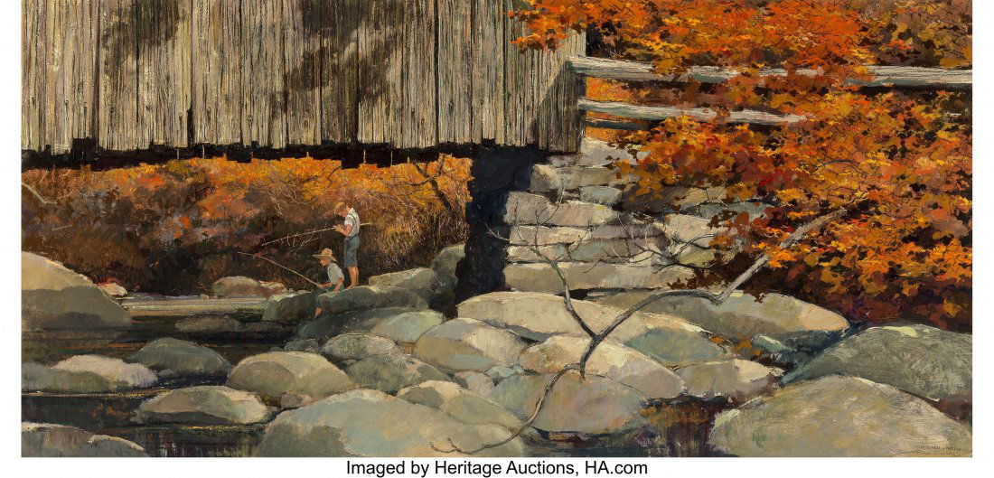 Eric Sloane (American, 1905-1985) October Stream: Eric Sloane (American, 1905-1985) October Stream Oil on Masonite 24-1/4 x 47-1/2 inches (61.6 x 120.7 cm) Signed and titled lower right: October Stream / Eric Sloane PROVENANCE: Paul Tudor Jones II Co