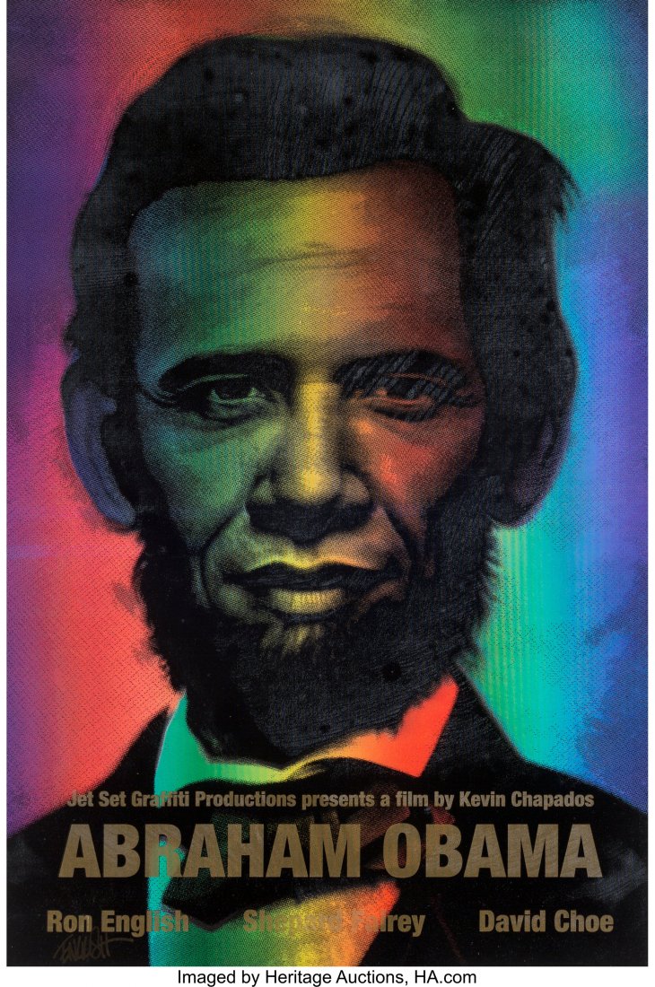 Ron English (b. 1959) Abraham Obama (Gold Letter: Ron English (b. 1959) Abraham Obama (Gold Lettering), 2009 Lenticular rainbow flip print with silkscreened gold lettering 36 x 24 inches (91.4 x 61 cm) (sheet) Edition of 157 Signed in gold ink lower 
