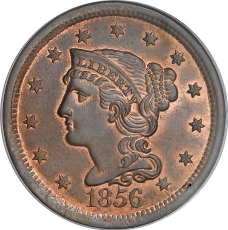 1856 1C Slanted 5 MS66 Red and Brown PCGS.