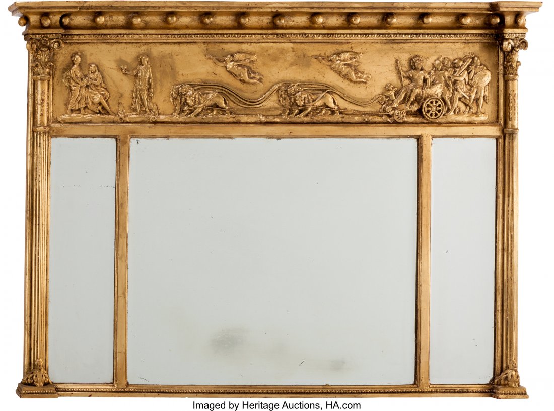 A George III-Style Neoclassical Carved and Giltw: A George III-Style Neoclassical Carved and Giltwood Overmantel Mirror, circa 1860 36 h x 54 w x 4-1/2 d inches (91.4 x 137.2 x 11.4 cm) PROPERTY FROM A DALLAS GENTLEMAN COLLECTOR The mirror having a m