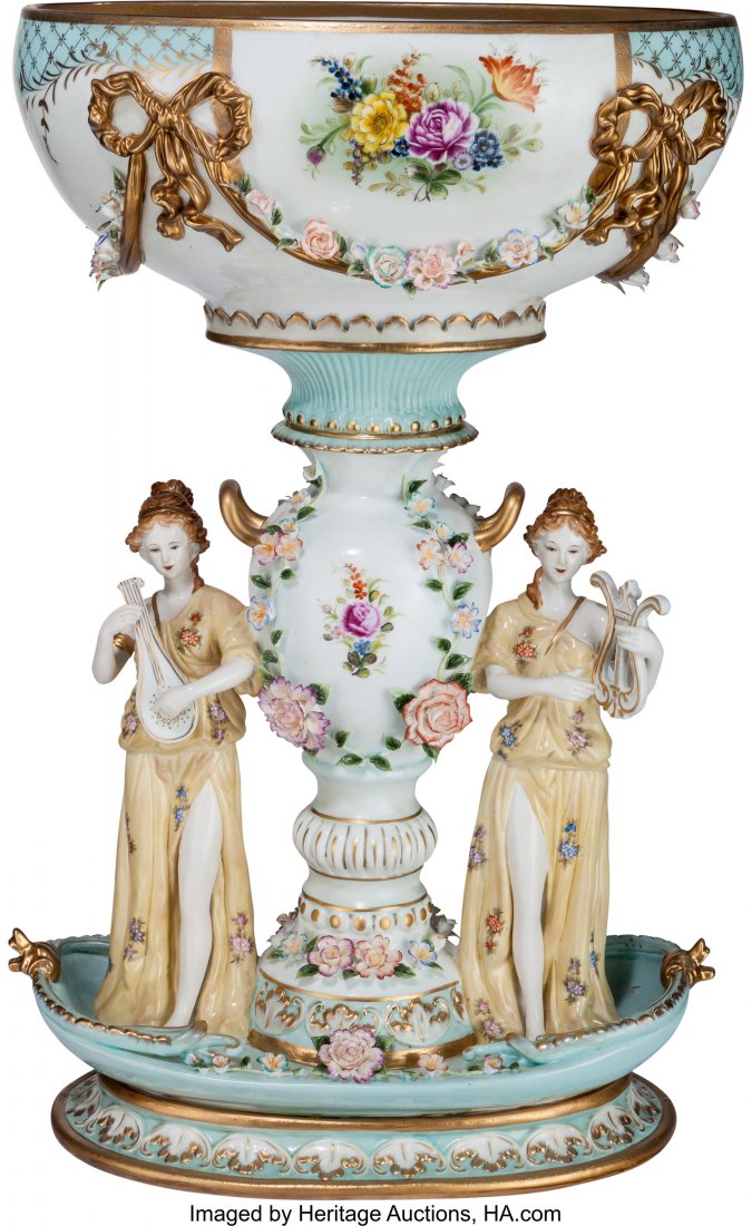 A Large Dresden-Style Painted and Partial Gilt P: A Large Dresden-Style Painted and Partial Gilt Porcelain Figural Centerpiece, 20th century Marks: (crossed swords in blue underglaze) 29-1/4 inches high x 20 inches wide x 12-1/4 inches deep (74.3 x 5
