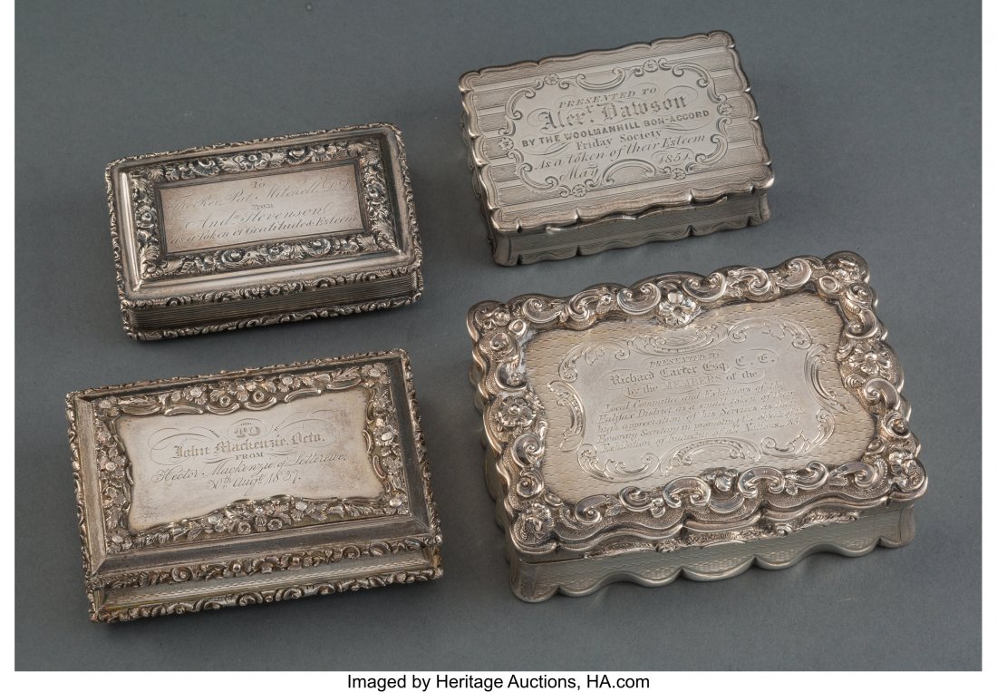 Four British Partial Gilt Silver Presentation Bo: Four British Partial Gilt Silver Presentation Boxes, Birmingham, England, 19th century Marks: (lion passant), (anchor), (various) 1-1/4 x 4 x 3 inches (3.2 x 10.2 x 7.6 cm) (largest, Yapp & Woodwa