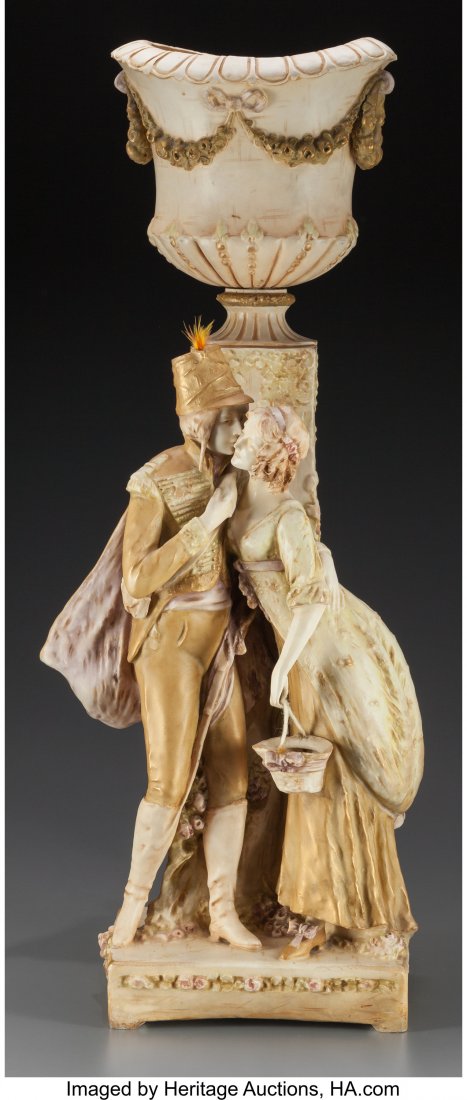 An Ernst Wahliss Porcelain Figural Planter, Turn: An Ernst Wahliss Porcelain Figural Planter, Turn-Teplitz, Bohemia, Austria, circa 1905 Marks: ROYAL VIENNA, (crown), WAHLISS; incised 1621, 20 24 inches high x 7-1/2 inches wide x 6 inches deep (61.0 