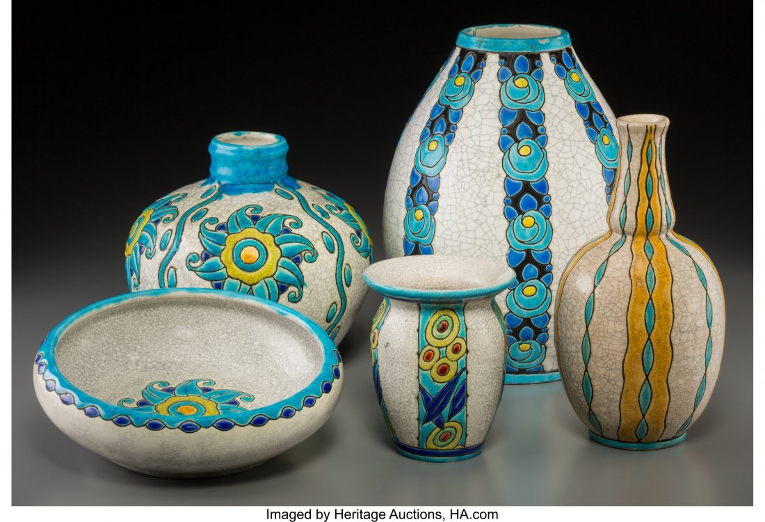 Five Charles Catteau For Boch Freres Enameled Ea: Five Charles Catteau For Boch Freres Enameled Earthenware Table Articles Circa 1925. Stamped and incised MADE IN BELGIUM, BOCH FES, LA LOUVIÈRE, FABRICATION BELGE, D.889 Ct.- D.947 Ch. Catteau-