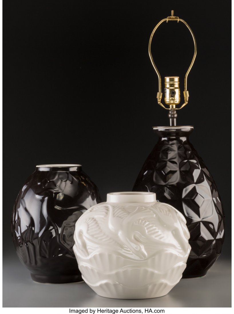 Three Boch Freres Glazed Ceramic Table Articles: Three Boch Freres Glazed Ceramic Table Articles Late 20th century. Stamped BOCH FRERES, EDITIONS LA LOUVIÈRE, 1119; 1881; 1125; KERAMIS Ht. 13-1/8 in. (lamp without hardware) PROPERTY FROM A NO