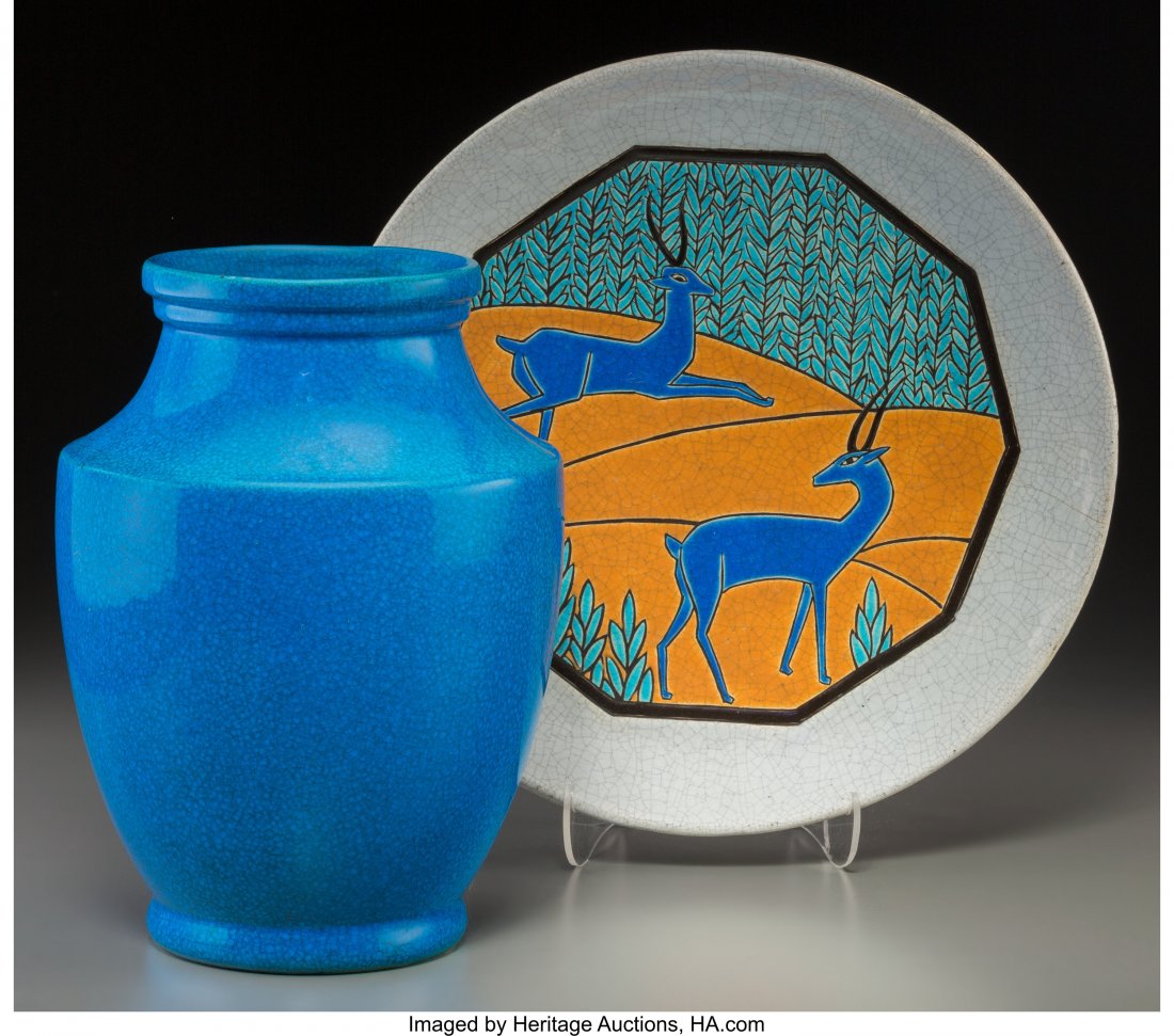 Two Charles Catteau For Boch Freres Enameled Ear: Two Charles Catteau For Boch Freres Enameled Earthenware Table Items Circa 1923-1935. Stamped and incised MADE IN BELGIUM, BOCH FES, LA LOUVIÈRE, FABRICATION BELGE Ht. 9-1/4 in. (tallest) Inclu