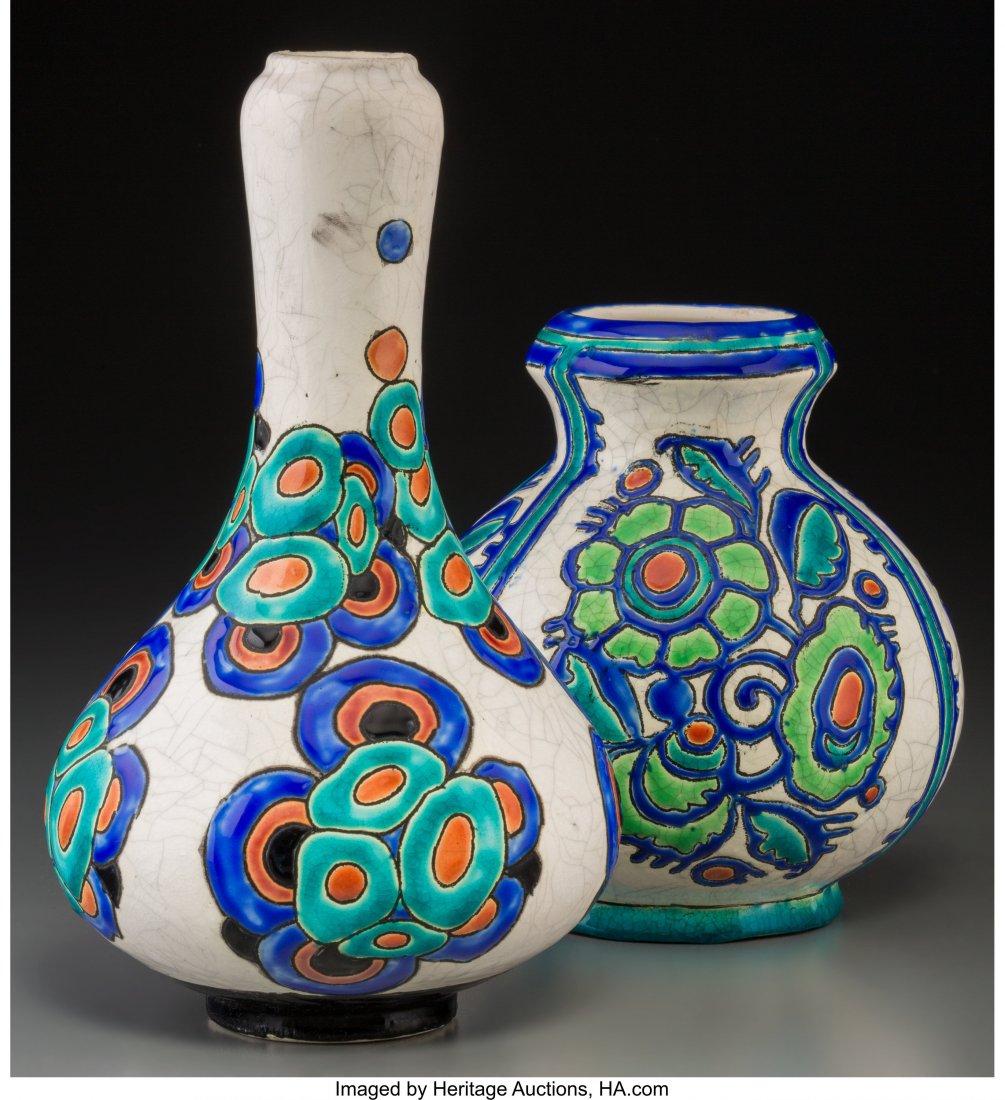 Two Charles Catteau For Boch Freres Enameled Ear: Two Charles Catteau For Boch Freres Enameled Earthenware Vases Circa 1925. Stamped and incised MADE IN BELGIUM, BOCH FES, LA LOUVIÈRE, FABRICATION BELGE, D.908 Ch. Catteau- D.946 Ch. Catteau Ht