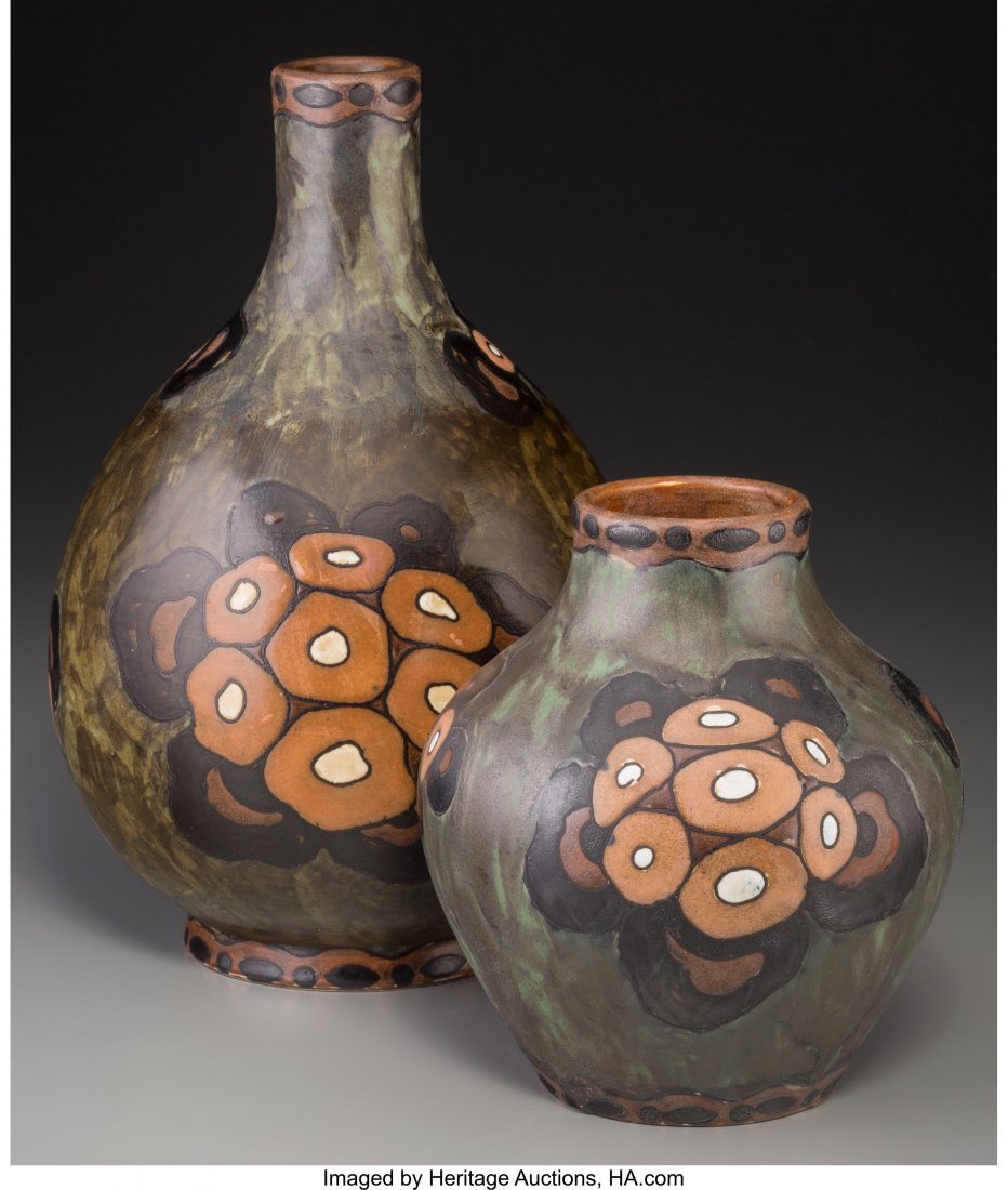 Two Charles Catteau for Boch Freres Glazed Stone: Two Charles Catteau for Boch Freres Glazed Stoneware Vases Circa 1923. Stamped and incised Grès Keramis, D.773, Ch. Catteau Ht. 10 in. (tallest) With an olive green ground ornamented with a bla