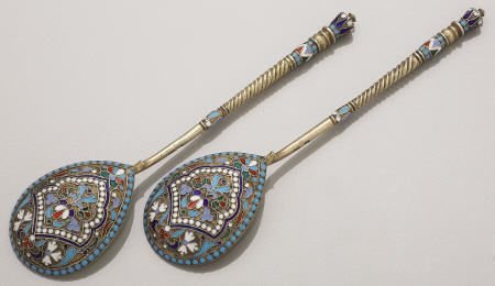 Pair of Nikolaev Cloisonné & Silver Gilt Spoons