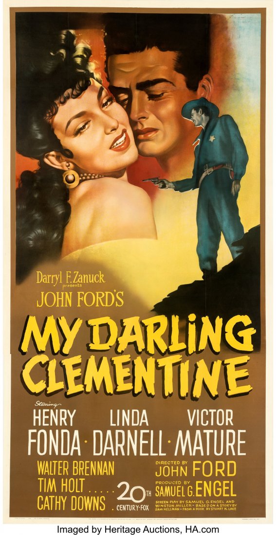 My Darling Clementine (20th Century Fox, 1946).: My Darling Clementine (20th Century Fox, 1946). Fine+ on Linen. Three Sheet (40.5" X 78.5"). Sergio Gargiulo Artwork. John Ford tackled one of the Wild West's greatest legends when he cast Henry Fonda