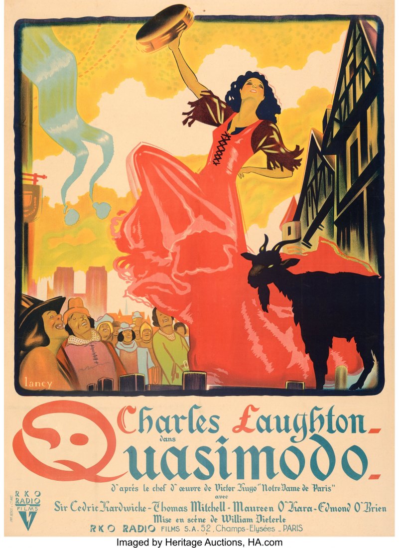 The Hunchback of Notre Dame (RKO, 1939). Fine/Ve: The Hunchback of Notre Dame (RKO, 1939). Fine/Very Fine on Linen. French Grande (45" X 61.5") Bernard Lancy Artwork. A rare poster format for a timeless tale, this French grande was inspired by the se