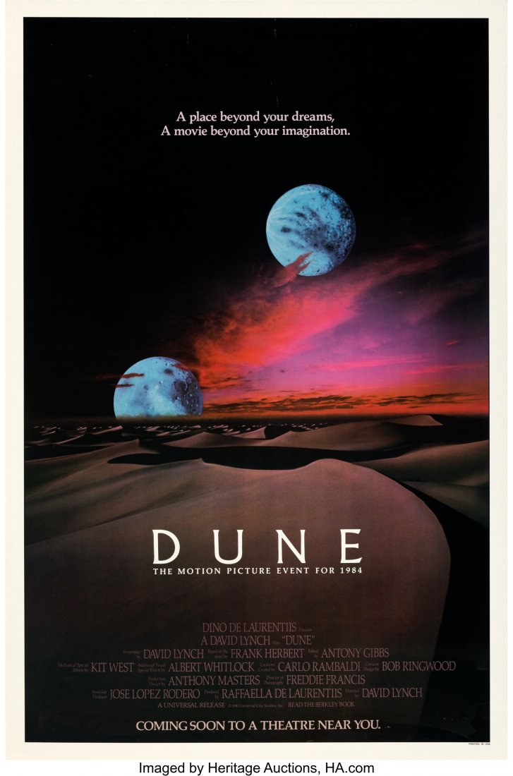 Dune (Universal, 1984). Rolled, Near Mint-. One: Dune (Universal, 1984). Rolled, Near Mint-. One Sheet (27" X 41") Advance. David Lynch directs this adaptation of the cult science fiction novel by Frank Herbert. Kyle MacLachlan, prior to his turn in