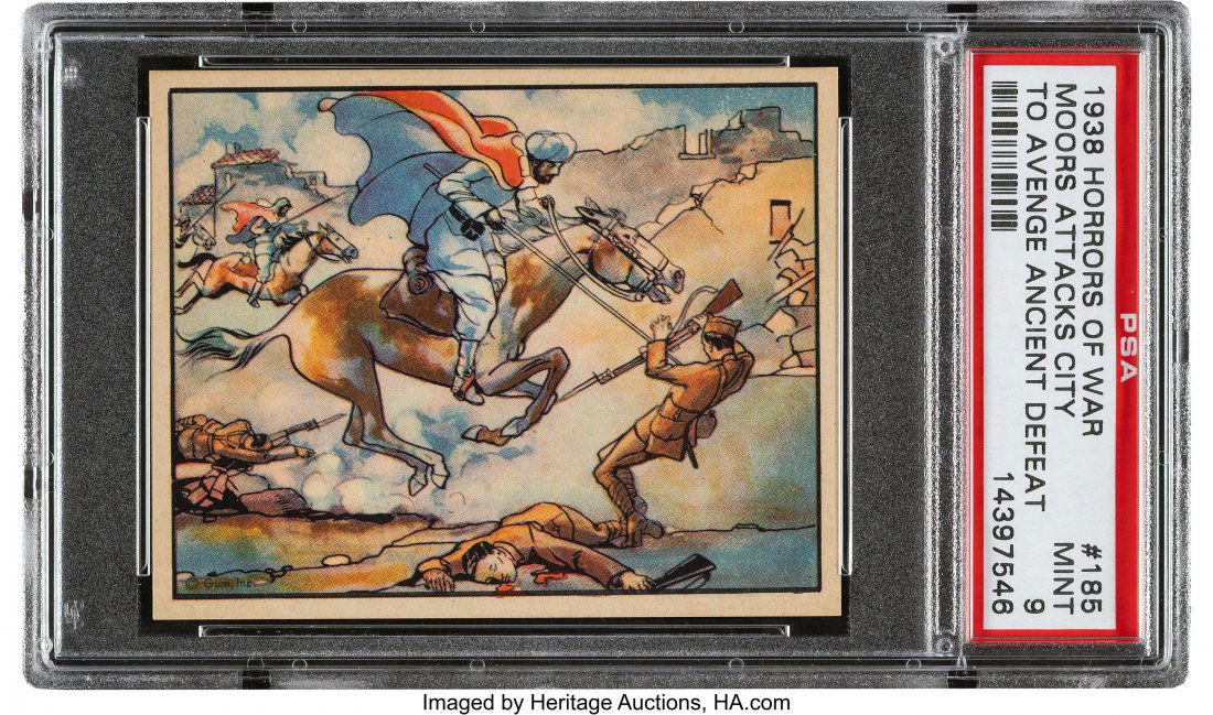 1938 Horrors Of War "Moors Attacks City To Aveng: 1938 Horrors Of War "Moors Attacks City To Avenge Ancient Defeat" Defeat #185 PSA Mint 9 - Pop One, None Higher! Graded PSA Mint 9. Pop one in MINT with none rated higher! HID03101062020 © 2020 H