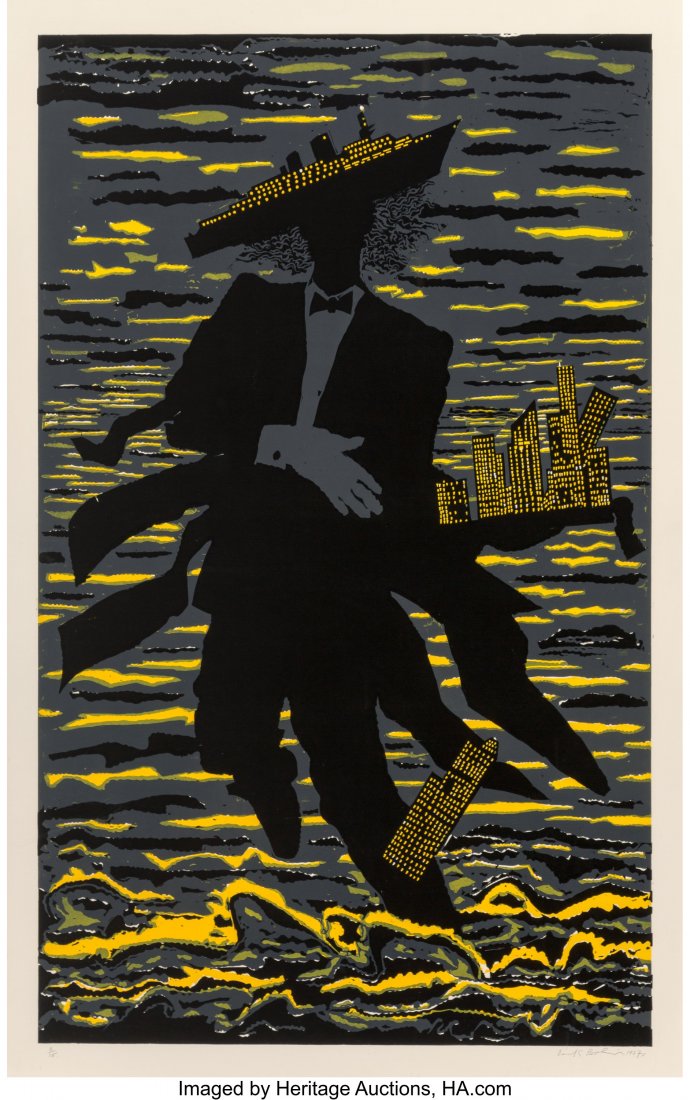 Derek Boshier (British, b. 1937) Waiter Wader, 1: Derek Boshier (British, b. 1937) Waiter Wader, 1986 Linocut in colors on paper 64 x 40 inches (162.6 x 101.6 cm) (sheet) Ed. 2/15 Signed, numbered, and dated in pencil along lower edge HID03101062020