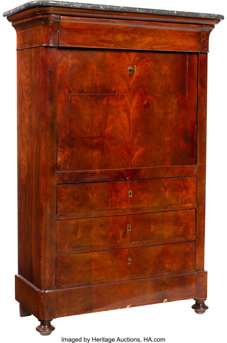 A Continental Biedermeier Flame Mahogany and Mar: A Continental Biedermeier Flame Mahogany and Marble Secrétaire à Abattant, 19th century 56 x 38-1/4 x 16-1/2 inches (142.2 x 97.2 x 41.9 cm) PROPERTY FROM THE COLLECTION OF JOSEPH MINTON