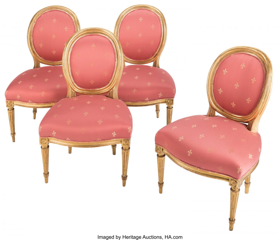 A Set of Four French Louis XVI Giltwood and Silk: A Set of Four French Louis XVI Giltwood and Silk Damask Side Chairs, circa 1775 20-1/2 x 23-1/2 x 36-1/2 inches (52.1 x 59.7 x 92.7 cm) (each) PROVENANCE: Grand Duke of Baden; Sotheby's, Baden-Baden, 