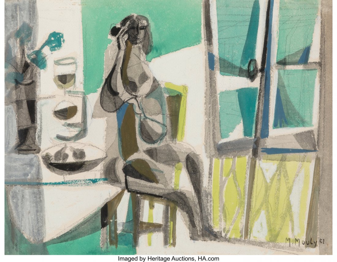 Marcel Mouly (French, 1918-2008) Femme a tableau: Marcel Mouly (French, 1918-2008) Femme a tableau, 1952 Gouache and pencil on plywood 10 x 13 inches (25.4 x 33 cm) Signed and dated lower right: M. Mouly '52 LITERATURE: R. Hart, M. Mouly Light & 