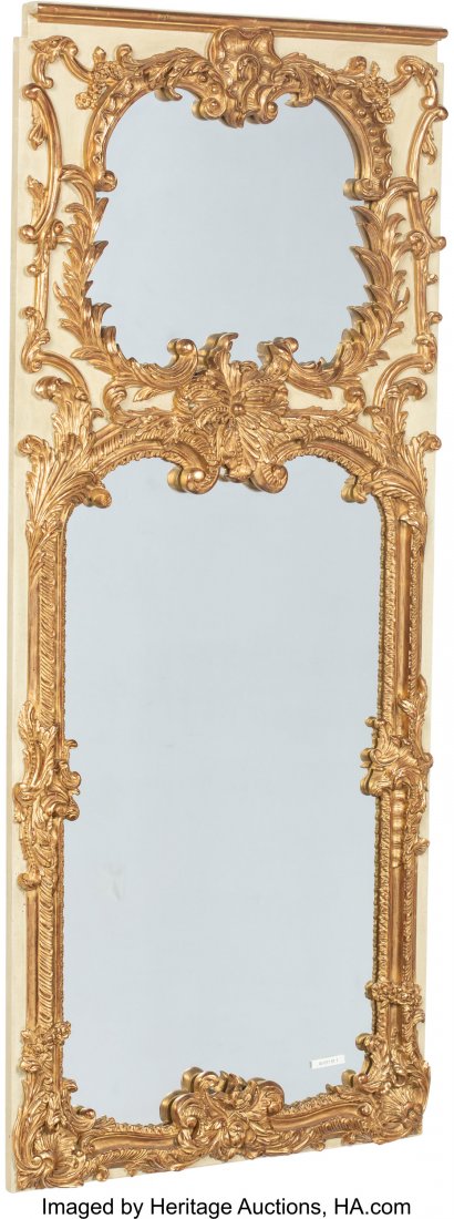 A Rococo Revival-Style Painted and Partial Gilt : A Rococo Revival-Style Painted and Partial Gilt Trumeau Mirror, 20th century 60-7/8 x 27-1/8 x 1-3/8 inches (154.6 x 68.9 x 3.5 cm) PROPERTY FROM THE COLLECTION OF JOSEPH MINTON, DALLAS & FORT WOR
