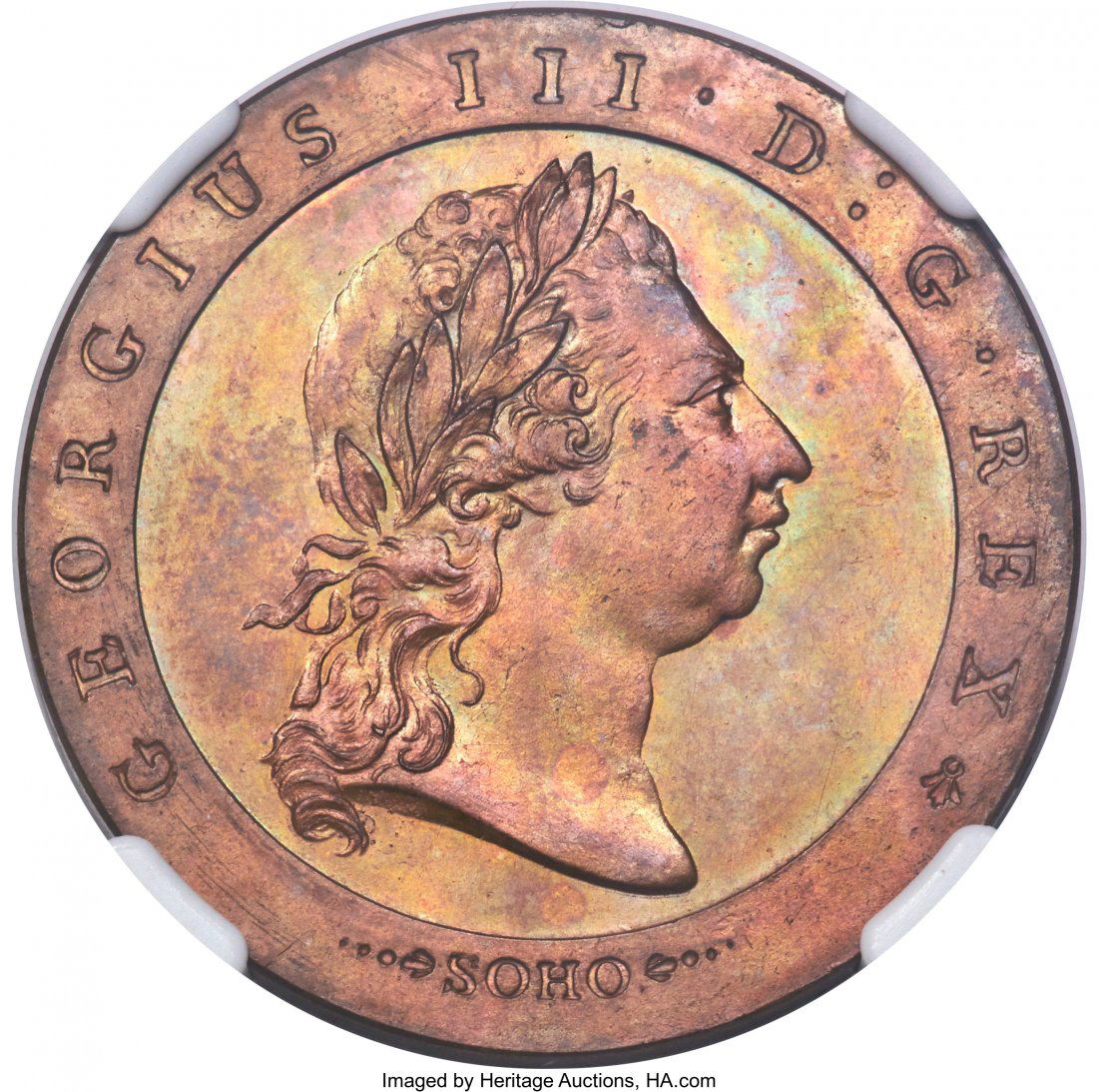 George III copper Proof Pattern Restrike 1/2 Pen: George III copper Proof Pattern Restrike 1/2 Penny 1795 PR66 Brown NGC, Peck-1054. By W. J. Taylor. A beautiful restrike produced from salvaged Soho mint dies. Exquisitely toned, with clay red surface