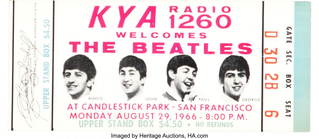 The Beatles Candlestick Park Unused Concert Tick: The Beatles Candlestick Park Unused Concert Ticket August 29th (1966). "KYA Radio 1260 Welcomes The Beatles." An unused ticket for the Beatles' final live concert performance, held on August 29, 1966,