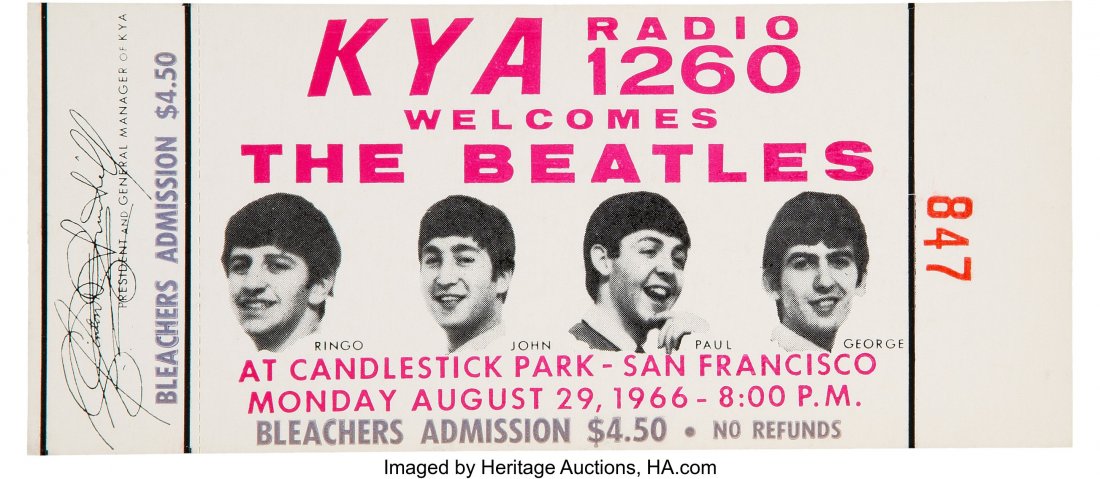 The Beatles Unused Candlestick Park Concert Tick: The Beatles Unused Candlestick Park Concert Ticket (1966). An unused ticket from the last time the Beatles played for a paying audience. Ticket was for the bleachers area and only $4.50. Stamped "847"