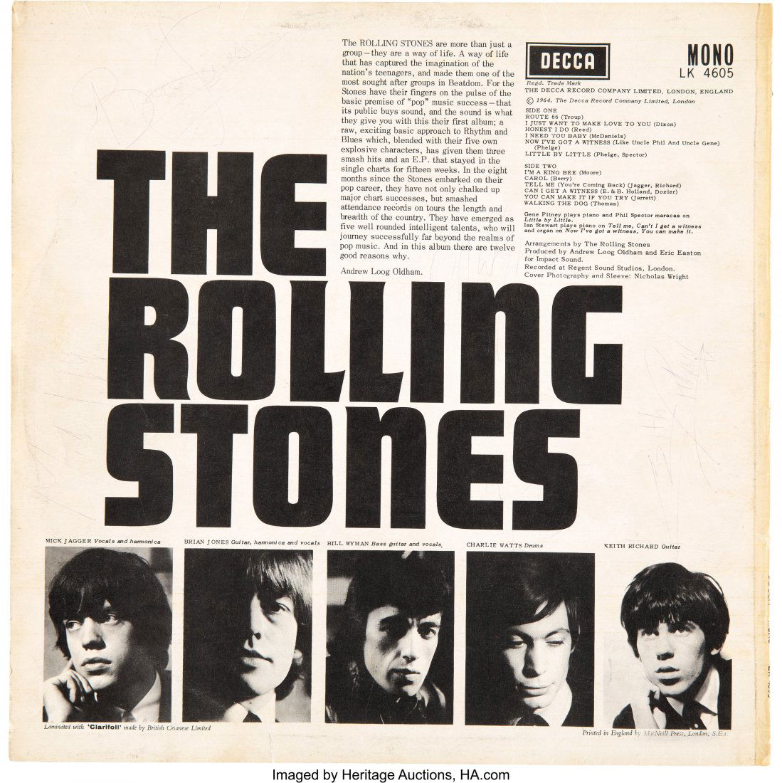 The Rolling Stones Signed First UK Mono Album (D: The Rolling Stones Signed First UK Mono Album (Decca, LK 4605, 1964). A copy of the Rolling Stones' self-titled album from 1964 on Decca signed by all five members in purple ink on the back cover. All