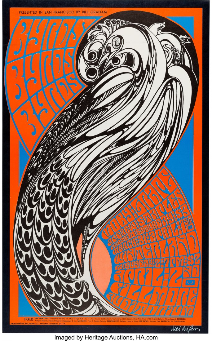 BG-57 The Byrds / Moby Grape 1967 Winterland & F: BG-57 The Byrds / Moby Grape 1967 Winterland & Fillmore Concert Poster Signed by Wes Wilson. First-printing San Francisco concert poster for the Byrds, Moby Grape and Andrew Staples performing at