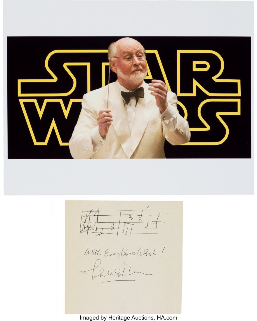 [Star Wars] John Williams Autograph Musical Quot: [Star Wars] John Williams Autograph Musical Quote Signed. On a 5" x 4.75" buff sheet, this film score legend has drawn a treble clef with the opening notes of the Star Wars theme in black ink and sign