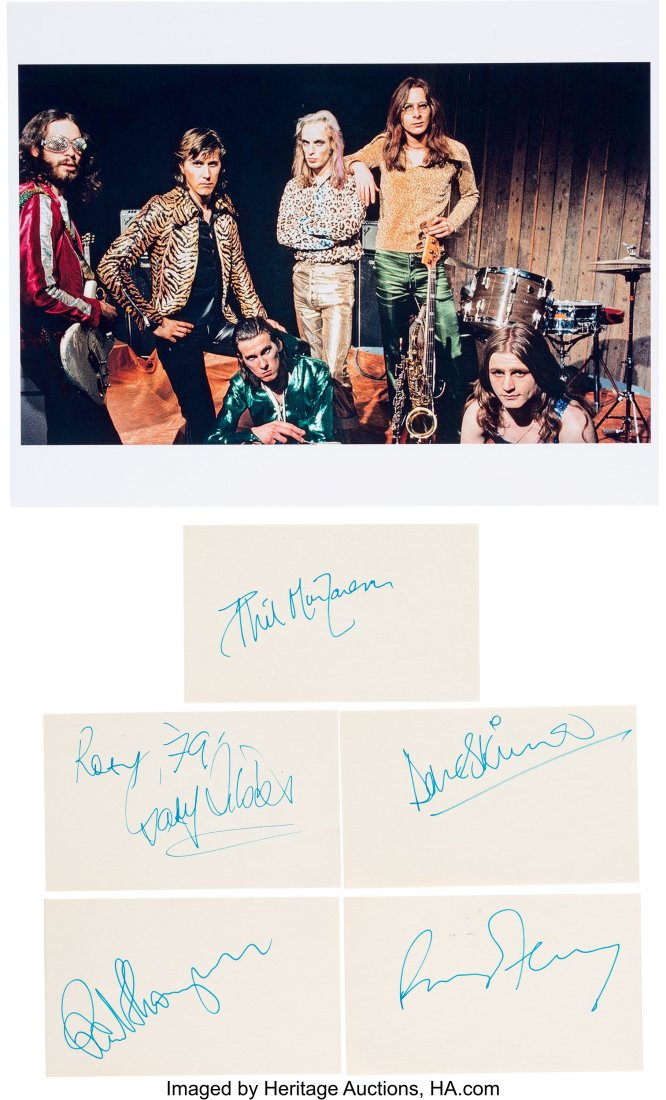 Roxy Music Collection of Signatures. A collecti: Roxy Music Collection of Signatures. A collection of five signatures on index cards from members of the glam rock pop group. Signatures include: Bryan Ferry, Paul Thompson, Phil Manzanera, Gary Tibbs,