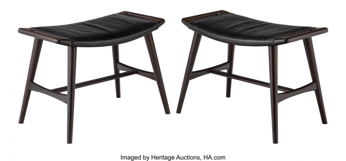 Hans J. Wegner (Danish, 1914-2007) Pair of AP 30: Hans J. Wegner (Danish, 1914-2007) Pair of AP 30 Piano Stools, designed 1957, A.P. Stolen Leather, wood 20-1/4 x 27-1/2 x 16 inches (51.4 x 69.9 x 40.6 cm) Control label to underside DANISH FURNITUREM