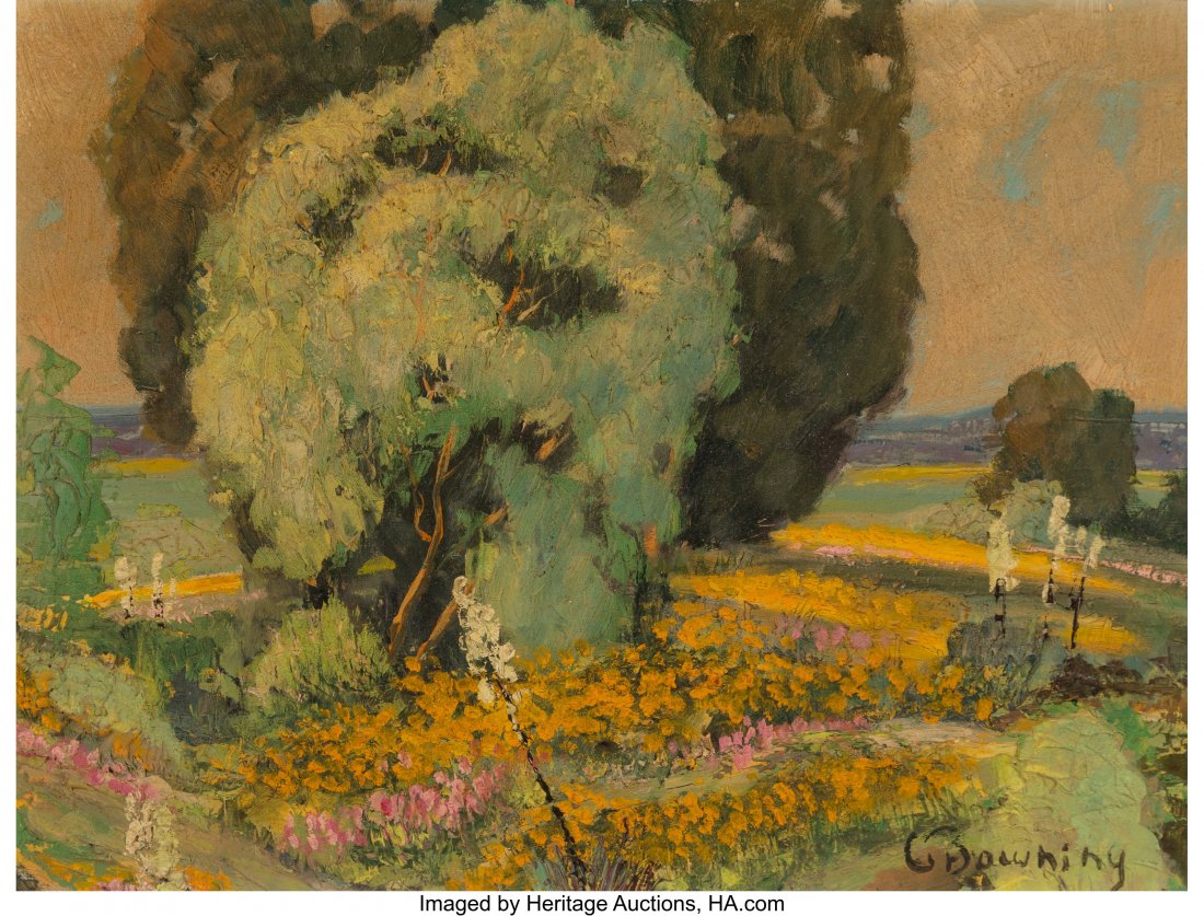 Gaitha Browning (American, 1912-1992) Green and: Gaitha Browning (American, 1912-1992) Green and Gold, circa 1969 Oil on Masonite 11-1/2 x 15-1/2 inches (29.2 x 39.4 cm) Signed lower right: G. Bowning Signed, dated, and titled on the backing board: