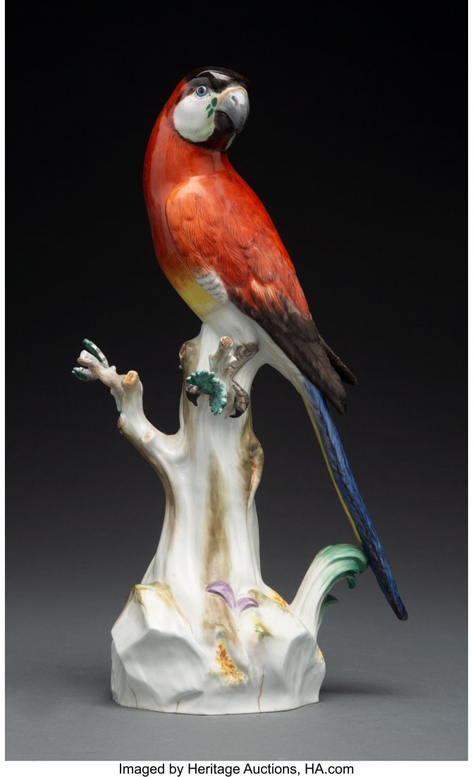 A Meissen Porcelain Parrot, German, late 19th-ea: A Meissen Porcelain Parrot, German, late 19th-early 20th century Marks: (crossed swords in underglaze blue), 63, 85 12-3/4 x 7 x 4 inches (32.4 x 17.8 x 10.2 cm) HID03101062020 © 2020 Heritage Au