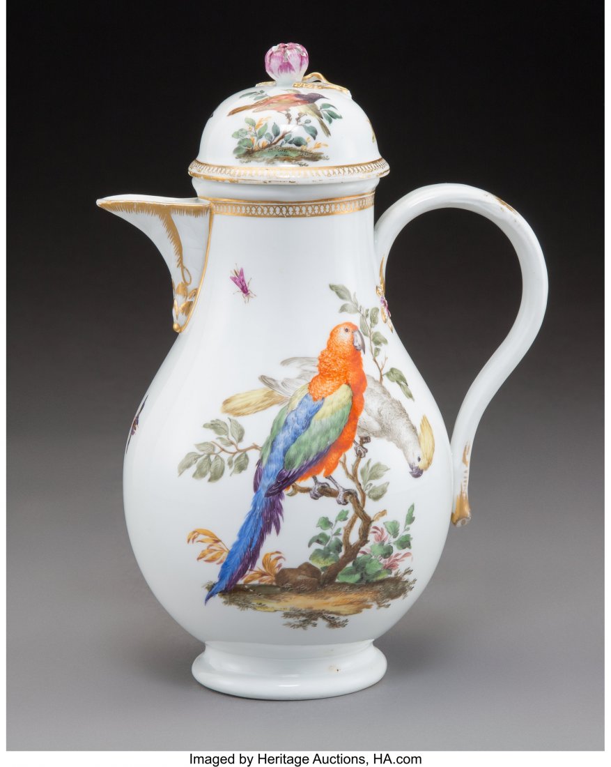 A Meissen Polychromed and Partial Gilt Porcelain: A Meissen Polychromed and Partial Gilt Porcelain Coffee Pot, Germany, 1744-1815 Marks: (crossed swords), (asterisk), 83, WII 9-1/2 x 7 x 5-1/2 inches (24.1 x 17.8 x 14.0 cm) The porcelain coffee pot,
