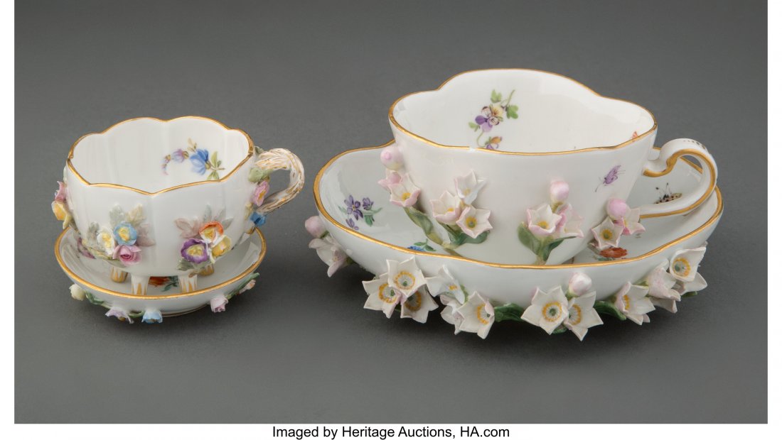 Two Meissen Porcelain Cups with Saucers, Germany: Two Meissen Porcelain Cups with Saucers, Germany, late 19th century Marks: (crossed swords in underglaze blue), (various) 2-3/8 x 5 x 4-3/4 inches (6.0 x 12.7 x 12.1 cm) (largest) Decorated with gilt