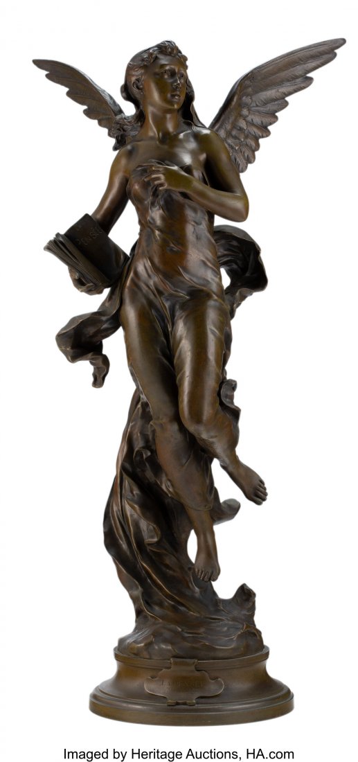 Jean-Baptiste Germain (French, 1841-1910) La Pen: Jean-Baptiste Germain (French, 1841-1910) La Pensée Bronze with brown patina 33-1/2 inches (85.1 cm) Inscribed to base: Germain JB Inscribed to cartouche: LA PENSEE, PAR J. B. GERMAIN, MEDAILLE