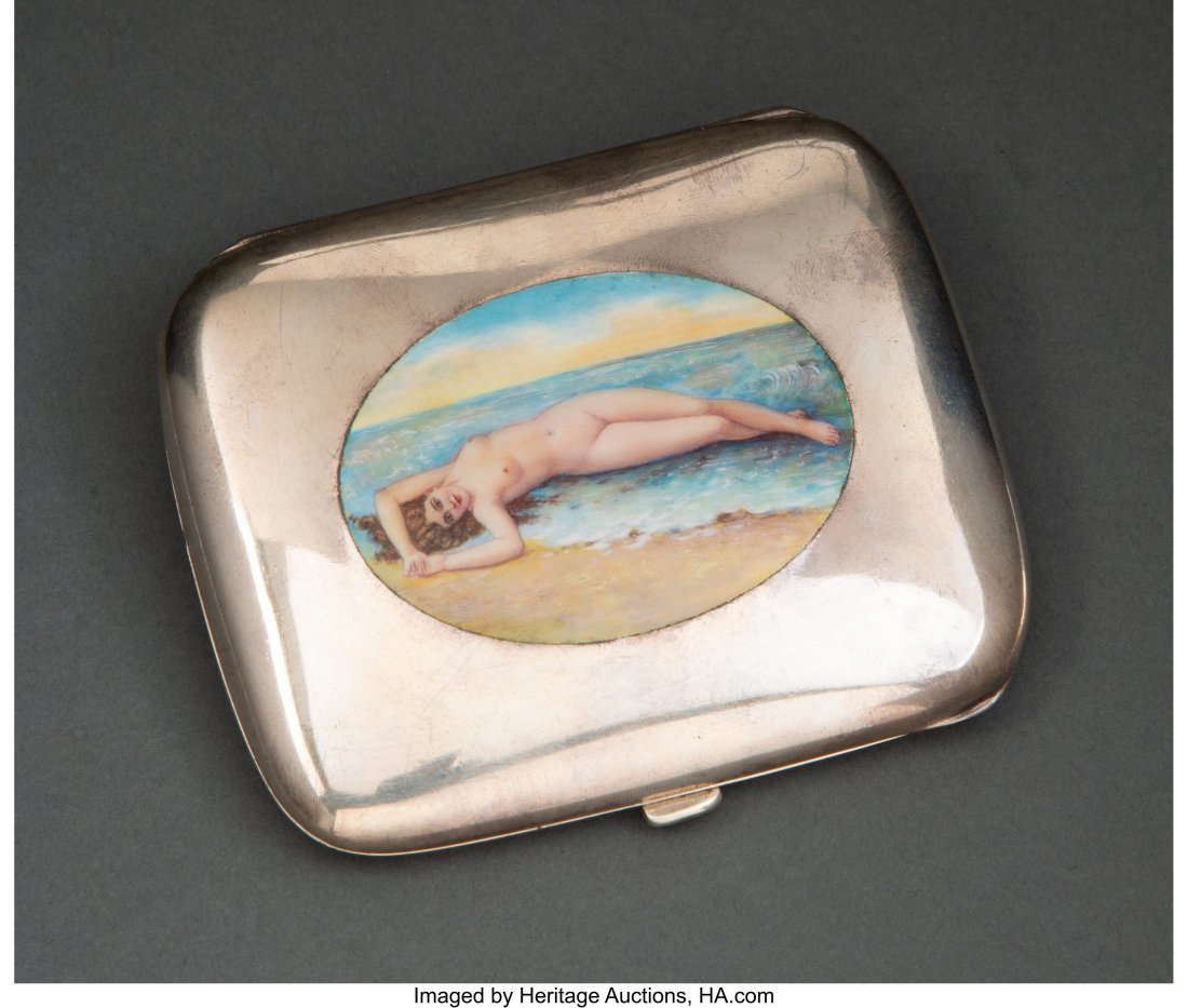 A German Partial Gilt Silver and Enamel Cigarett: A German Partial Gilt Silver and Enamel Cigarette Case, late 19th-early 20th century Marks: 900, (crescent-crown), SILVER 3-1/8 x 3-5/8 x 0-3/8 inches (7.9 x 9.2 x 1.0 cm) 4.3 ounces (gross) HID031010