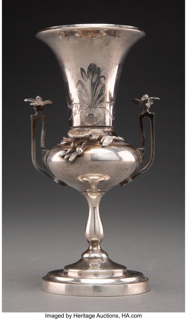 A Wilcox Silver Plate Co. Silver-Plated Vase wit: A Wilcox Silver Plate Co. Silver-Plated Vase with Applied Birds Nests, late 19th-early 20th century Marks: WILCOX SILVER PLATE CO, (crossed hammers), QUADRUPLE PLATE, 2332 6-1/8 x 3 x 2-1/4 inches (15