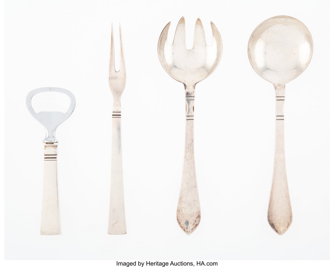 A Group of Four Georg Jensen Acadia and Continen: A Group of Four Georg Jensen Acadia and Continental Pattern Silver Flatware Serving Pieces, Copenhagen, Denmark, designed 1908-1931 Marks: GJ, STERLING DENMARK 6-1/2 inches long (16.5 cm) (salad set) 