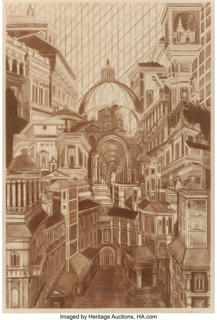 G. H. Rothe (German, 1935-2007) Downtown Intagli: G. H. Rothe (German, 1935-2007) Downtown Intaglio print on wove paper 36-1/2 x 24-3/4 inches (92.7 x 62.9 cm) (sight) A.P. (aside from an edition of 99) Signed and annotated in pencil along the lower