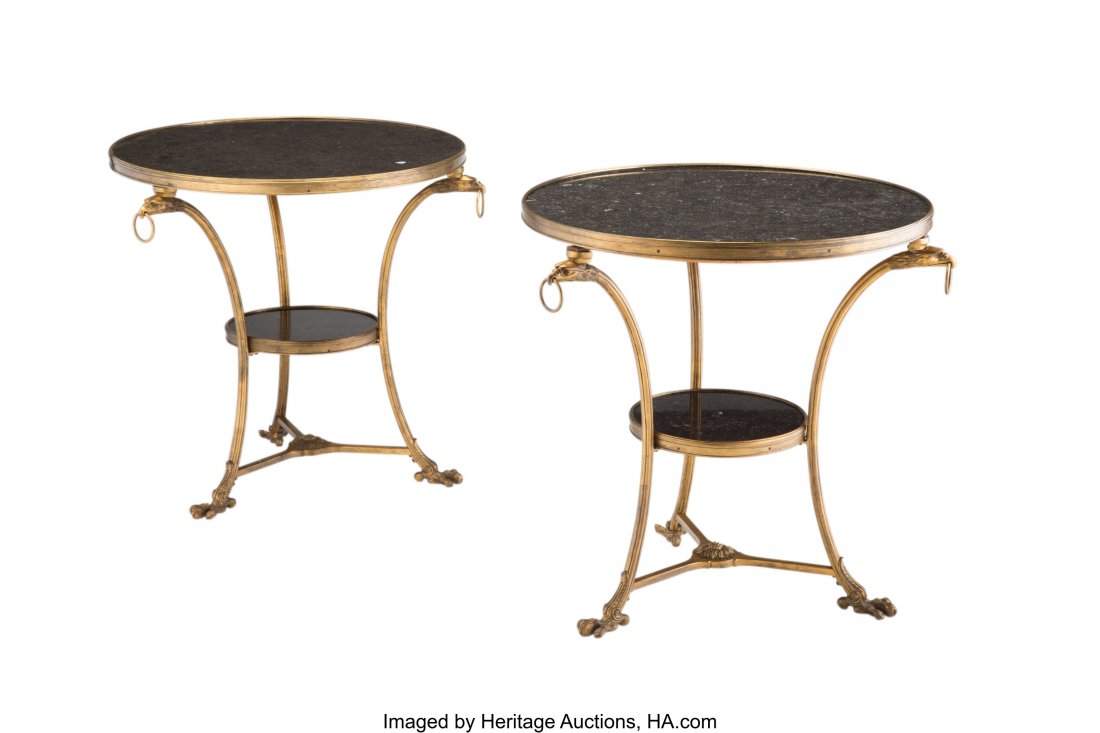 A Near Pair of French Neoclassical-Style Gilt Br: A Near Pair of French Neoclassical-Style Gilt Bronze and Granite Gueridons, 20th century 30 x 31 inches (76.2 x 78.7 cm) (tallest) HID03101062020 © 2020 Heritage Auctions | All Rights Reserved