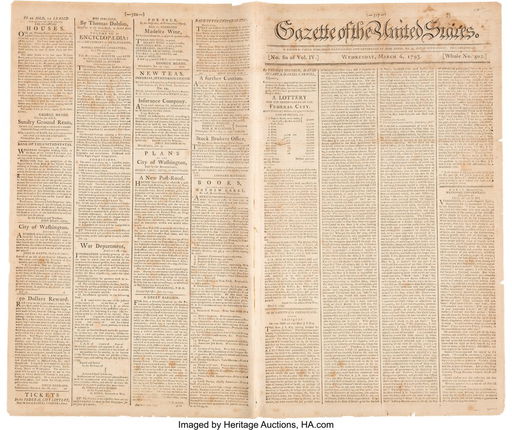 43274 Gazette Of The Us Philadelphia March 6 1793 Sep 14 2020 Heritage Auctions In Tx