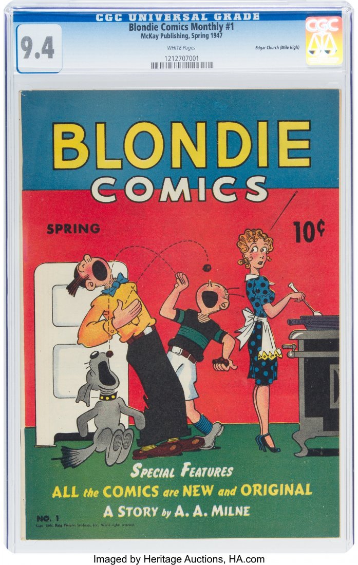 Blondie Comics #1 Mile High Pedigree (David McKa: Blondie Comics #1 Mile High Pedigree (David McKay Publications, 1947) CGC NM 9.4 White pages. The single highest graded copy of the comic based on Chic Young's ditzy comic strip flapper, Blondie, and
