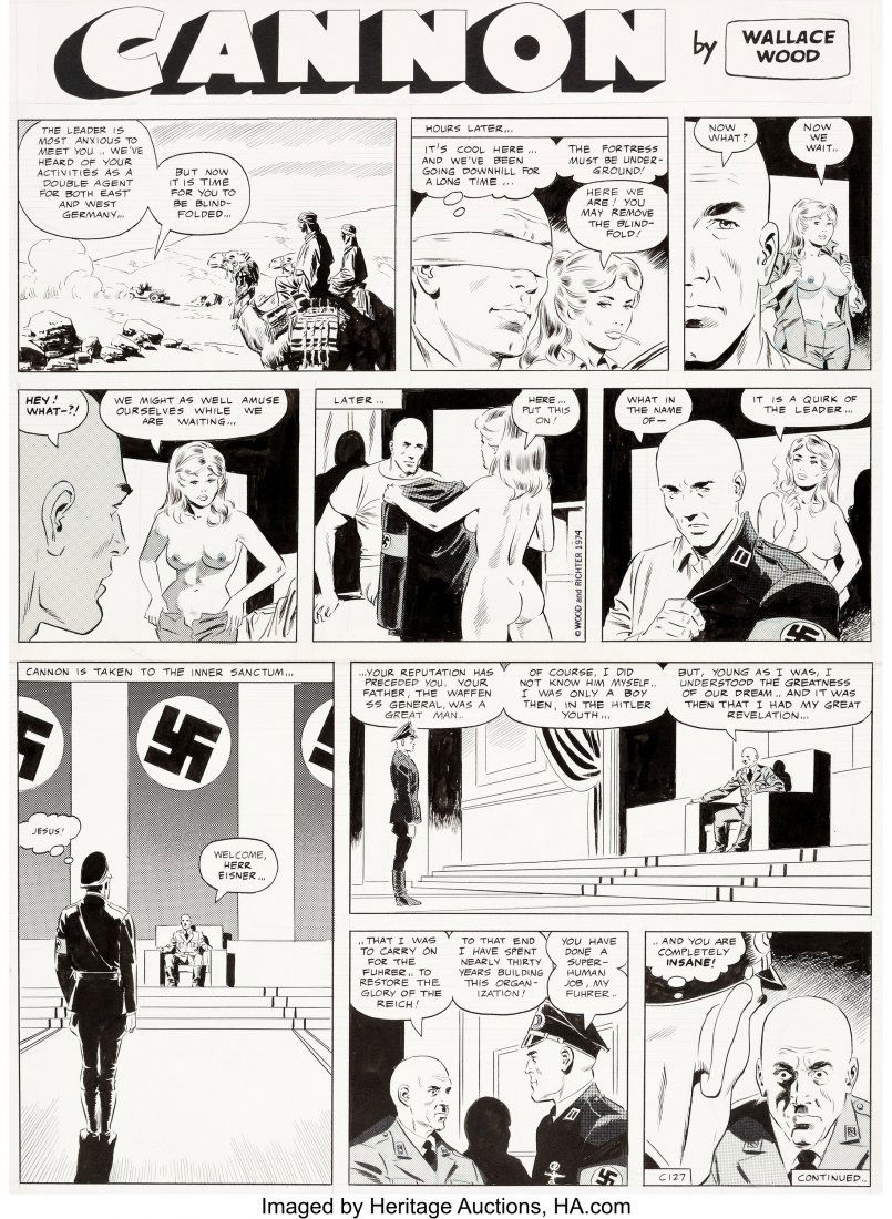 Wally Wood Cannon Comic Strip #C127 Original Art: Wally Wood Cannon Comic Strip #C127 Original Art (Wood and Richter, 1974). Cannon gets taken to the enemy headquarters where he is expected to... play dress-up? Not your normal Cannon strip, as Panels