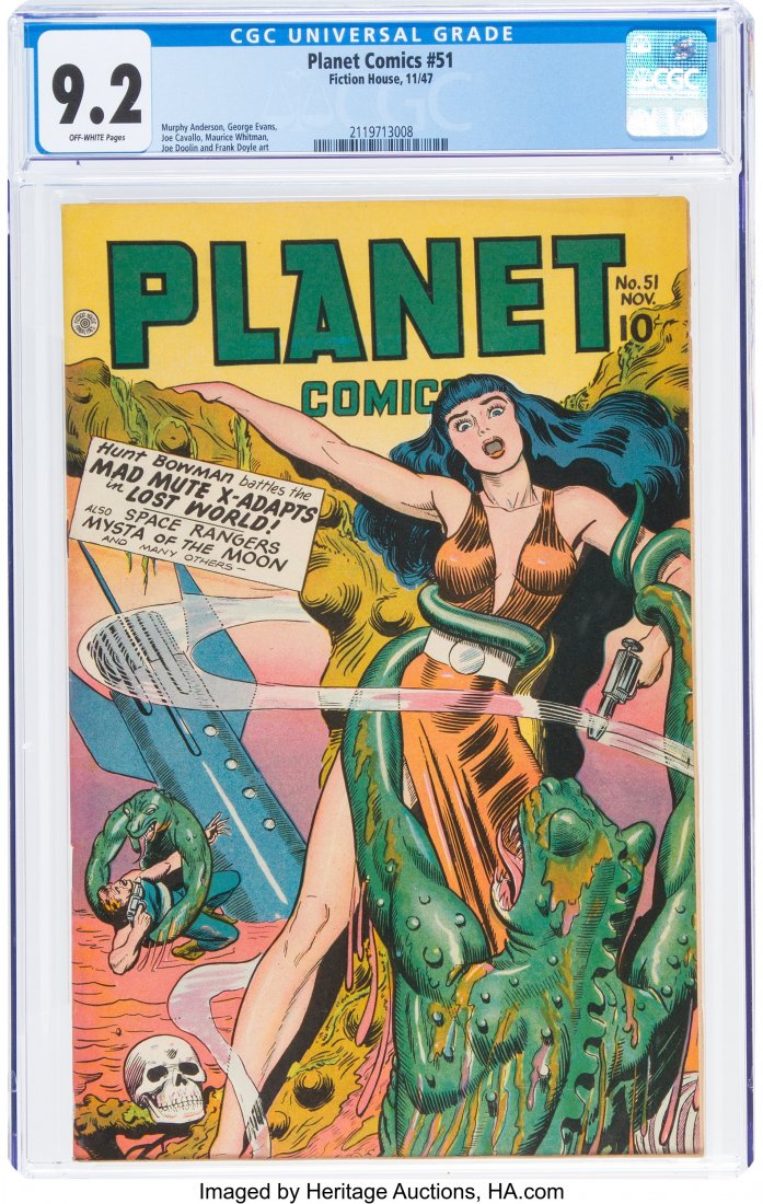 Planet Comics #51 (Fiction House, 1947) CGC NM-: Planet Comics #51 (Fiction House, 1947) CGC NM- 9.2 Off-white pages. Rocket ship/skull cover by Joe Doolin. Art by Murphy Anderson, Maurice Whitman, and George Evans. Overstreet 2019 NM- 9.2 value = $