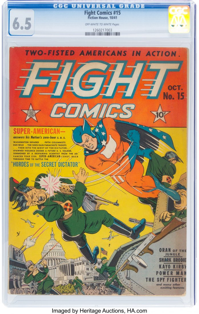 Fight Comics #15 (Fiction House, 1941) CGC FN+ 6: Fight Comics #15 (Fiction House, 1941) CGC FN+ 6.5 Off-white to white pages. First appearance of Super-American, who gets the cover. Shark Brodie and Power Man appearances. Overstreet 2019 FN 6.0 valu