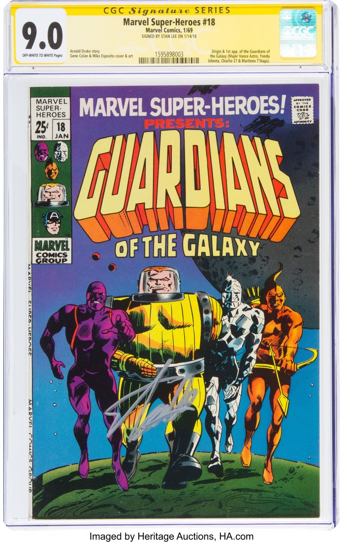 Marvel Super-Heroes #18 Signature Series - Stan: Marvel Super-Heroes #18 Signature Series - Stan Lee (Marvel, 1969) CGC VF/NM 9.0 Off-white to white pages. CGC notes, "Signed by Stan Lee on 1/14/18." Origin and first appearance of the Guardians of t