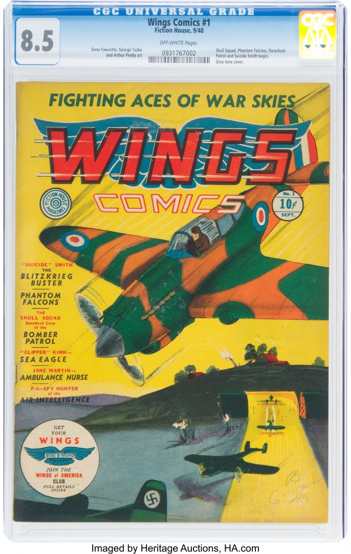 Wings Comics #1 (Fiction House, 1940) CGC VF+ 8.: Wings Comics #1 (Fiction House, 1940) CGC VF+ 8.5 Off-white pages. Skull Squad, Phantom Falcons, Parachute Patrol, and Suicide Smith begin. First issue of the long-running series. Grey tone cover. Gen