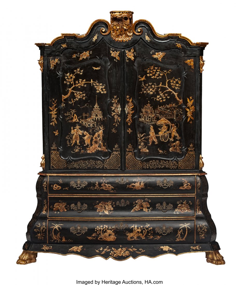 A Dutch Baroque-Style Japanned Linen Press, circ: A Dutch Japanned Linen Press, circa 1900 and later 88-1/2 x 76 x 29 inches (224.8 x 193.0 x 73.7 cm) HID03101062020© 2020 Heritage Auctions | All Rights Reserved